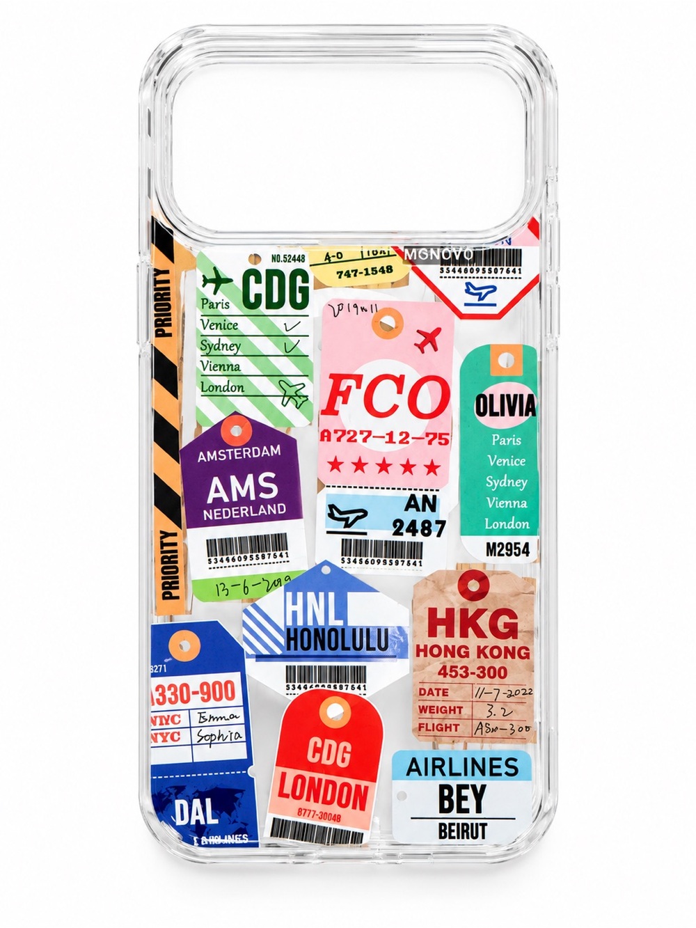 Clear Travel Tag iPhone MagSafe Case with Multi-Color Luggage Sticker Design